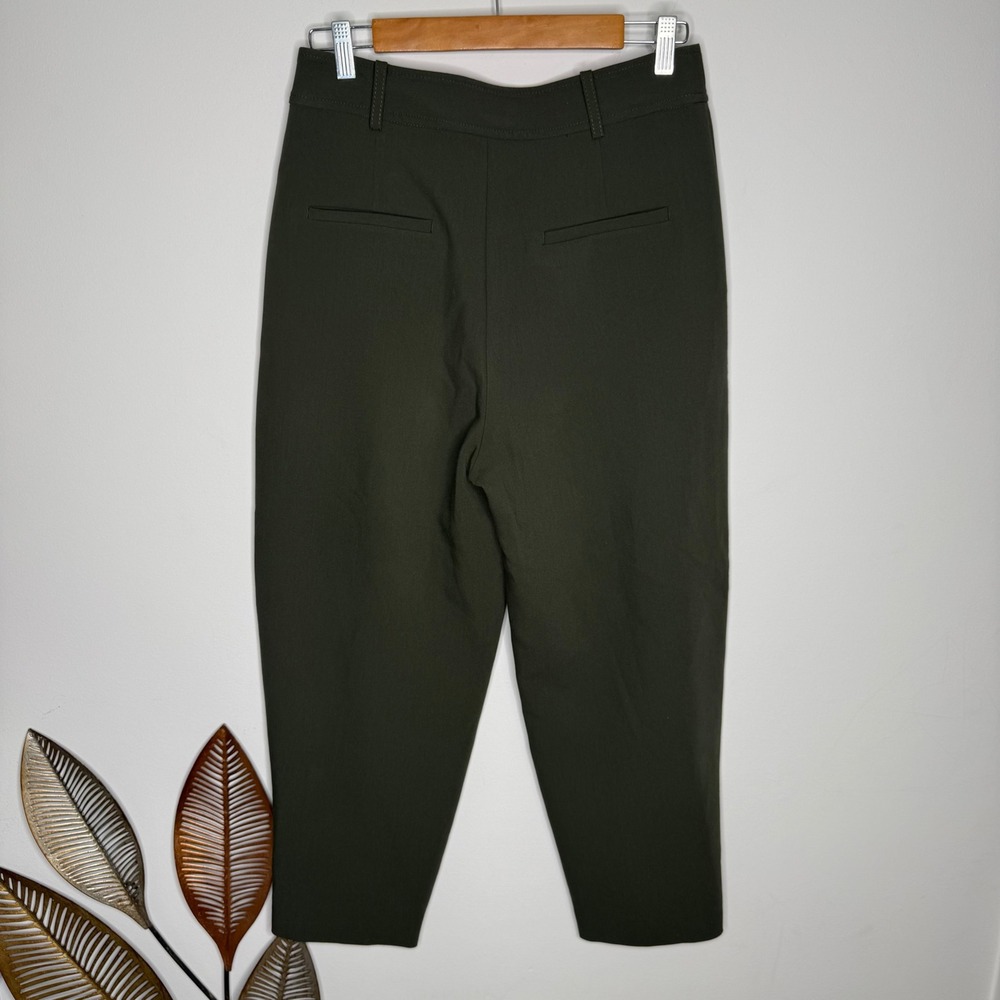 E4 Zara Olive Green Pleated Cropped Trousers Button Cuff Tapered Pants Women M - Picture 6 of 7